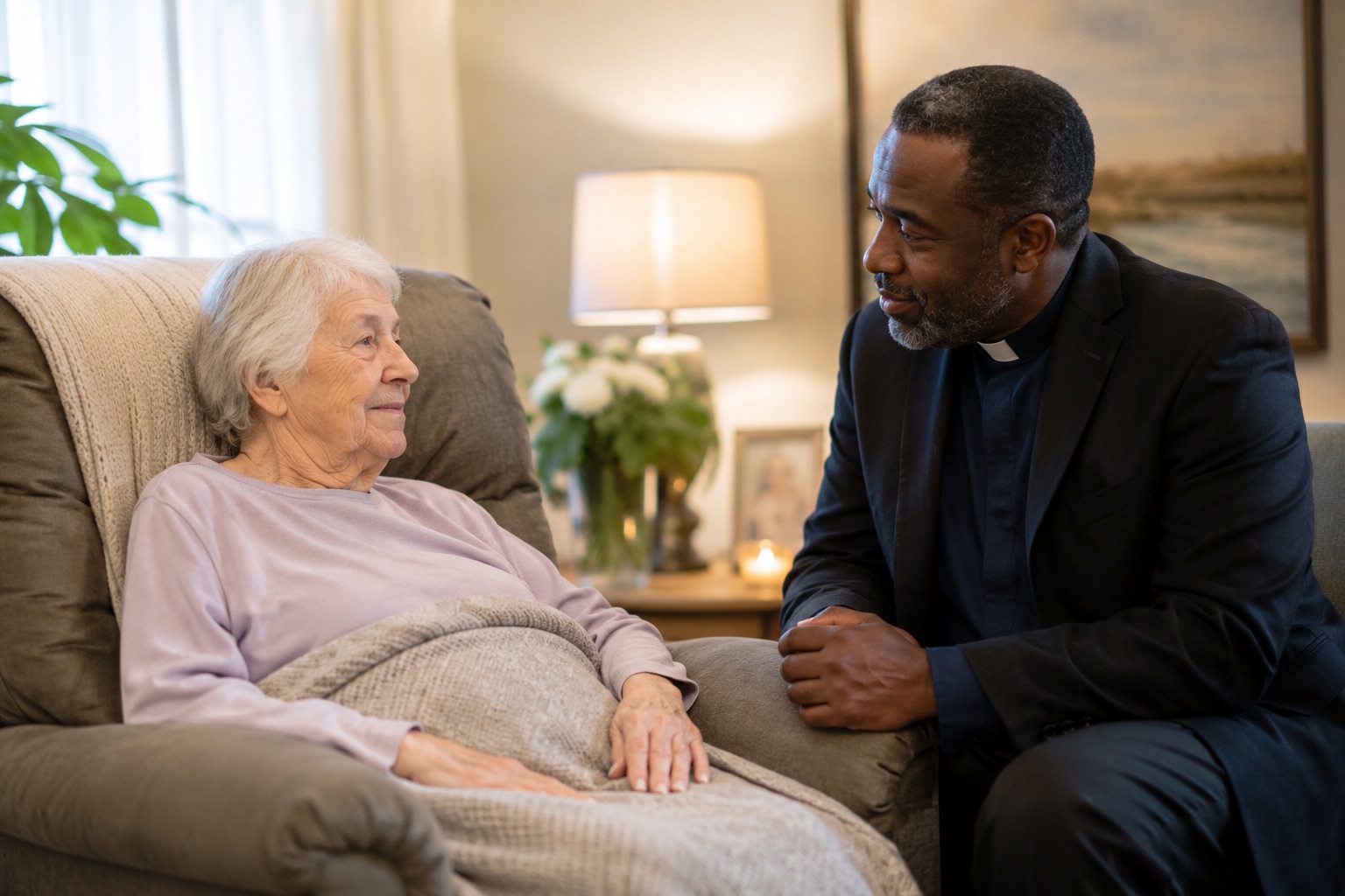 A chaplain sitting with an elderly patient, offering presence and care